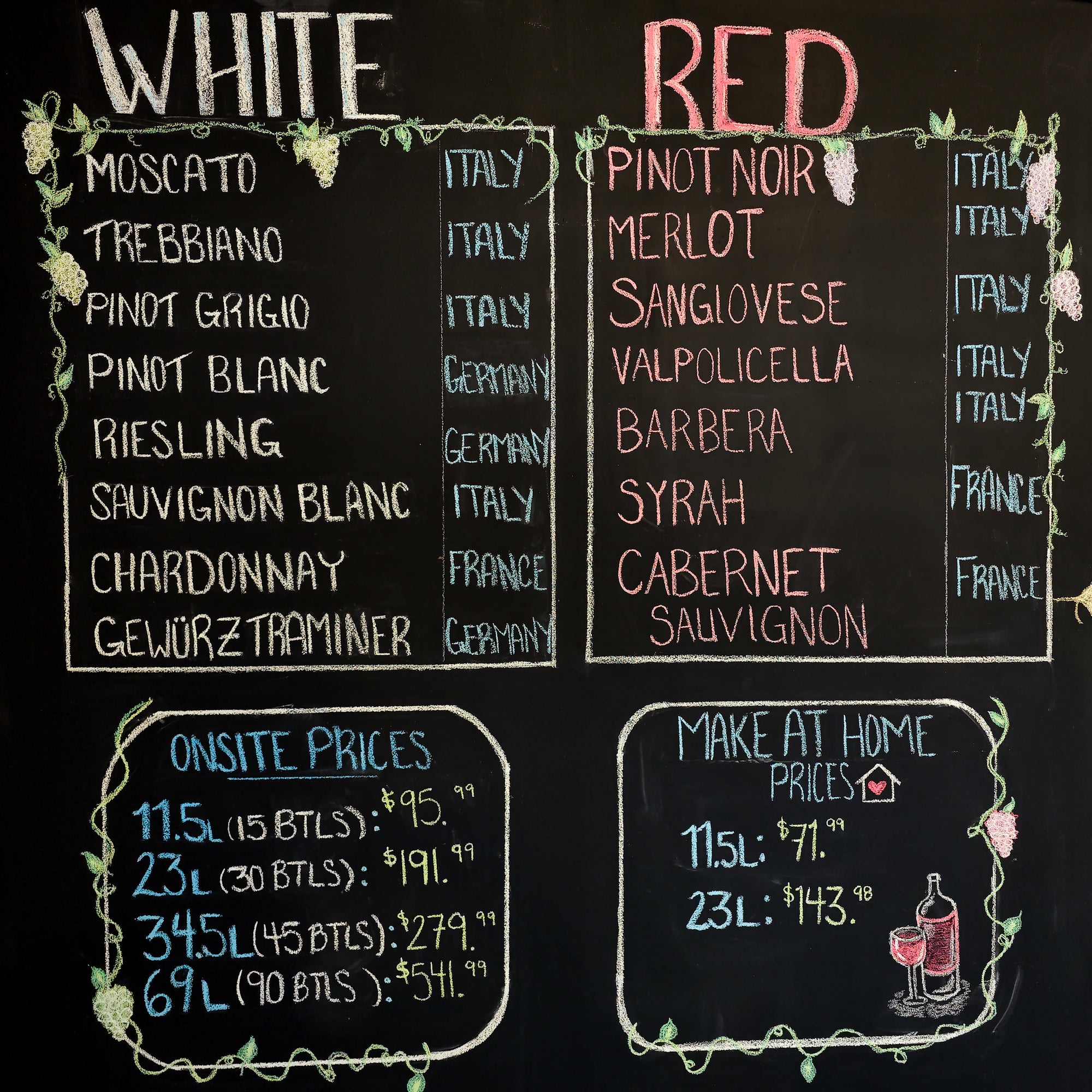 Our 2022-23 Wine Pricelist (this is the chalkboard in our store)